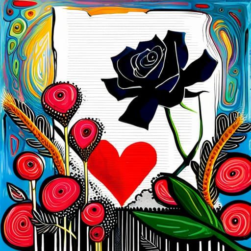 Fantasy Floral Art with Black Rose and Heart