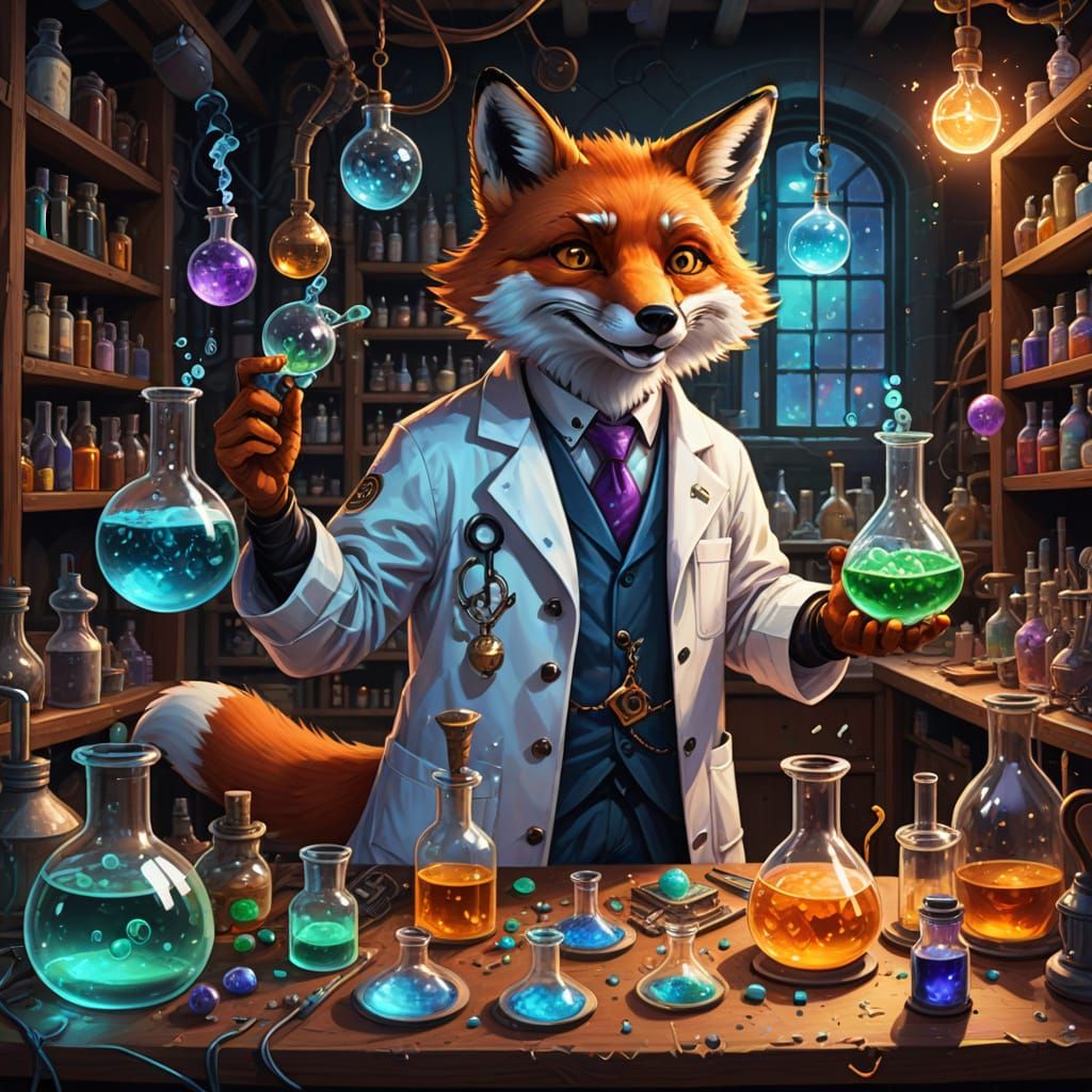 Sly Fox Alchemist in a Whimsical Laboratory