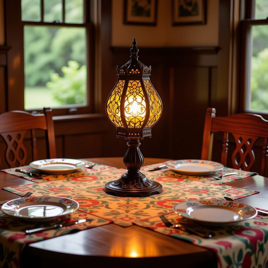 Ornate Wooden Table with Upward Lantern