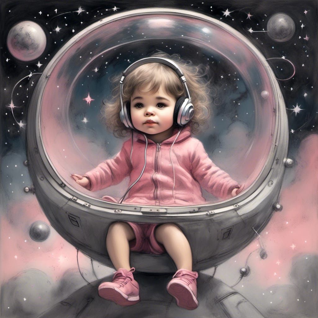 Toddler Girl in Spaceship Gazing at Twinkling Stars