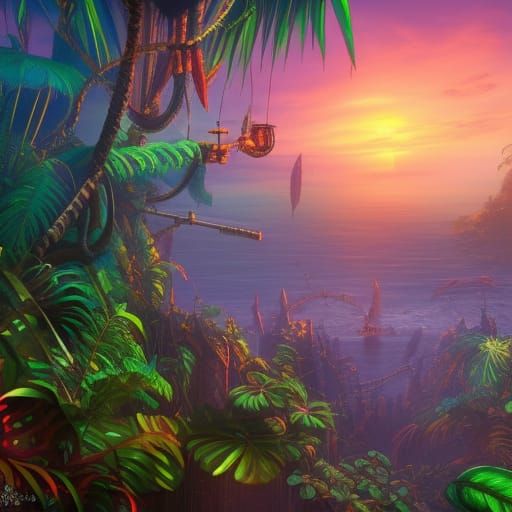 Lush Steampunk Jungle Beach at Sunset