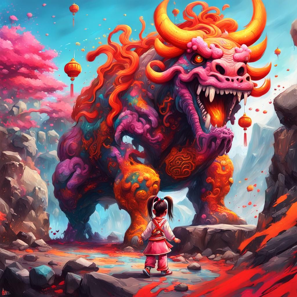 Fiery Battle: Girl vs. Rock Monster in Graffiti Art