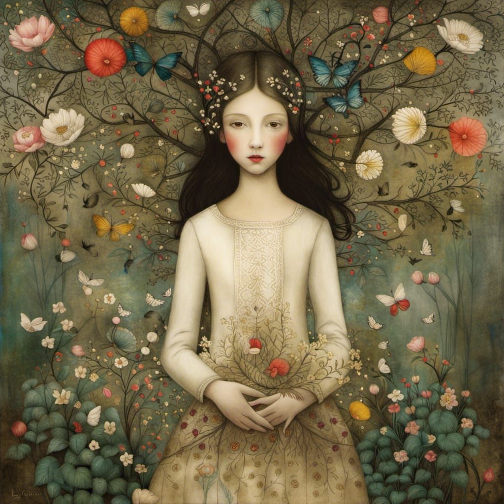 Girl in Enchanted Garden, Intricately Detailed Art