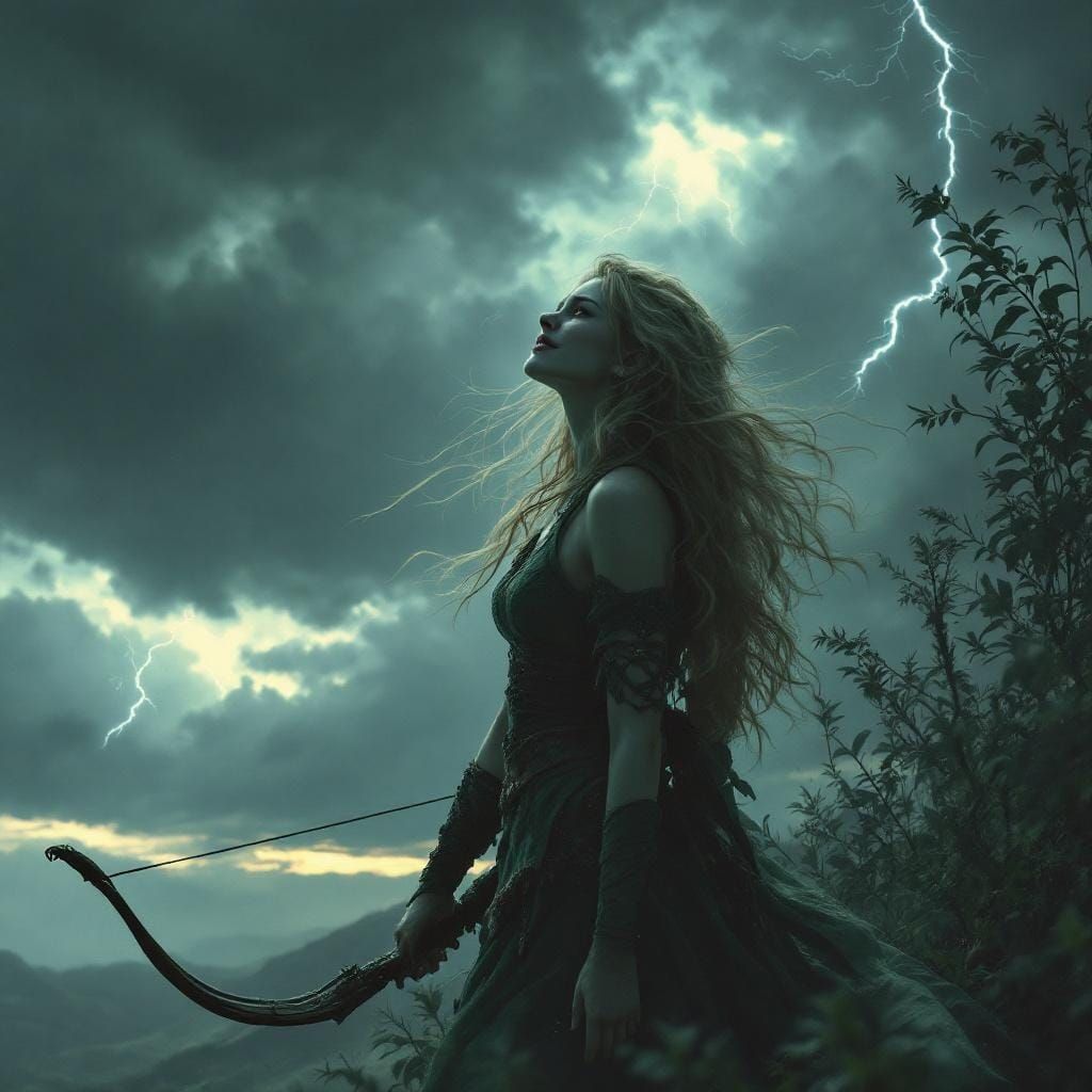 Norse Goddess Freya with Bow in Stormy Landscape