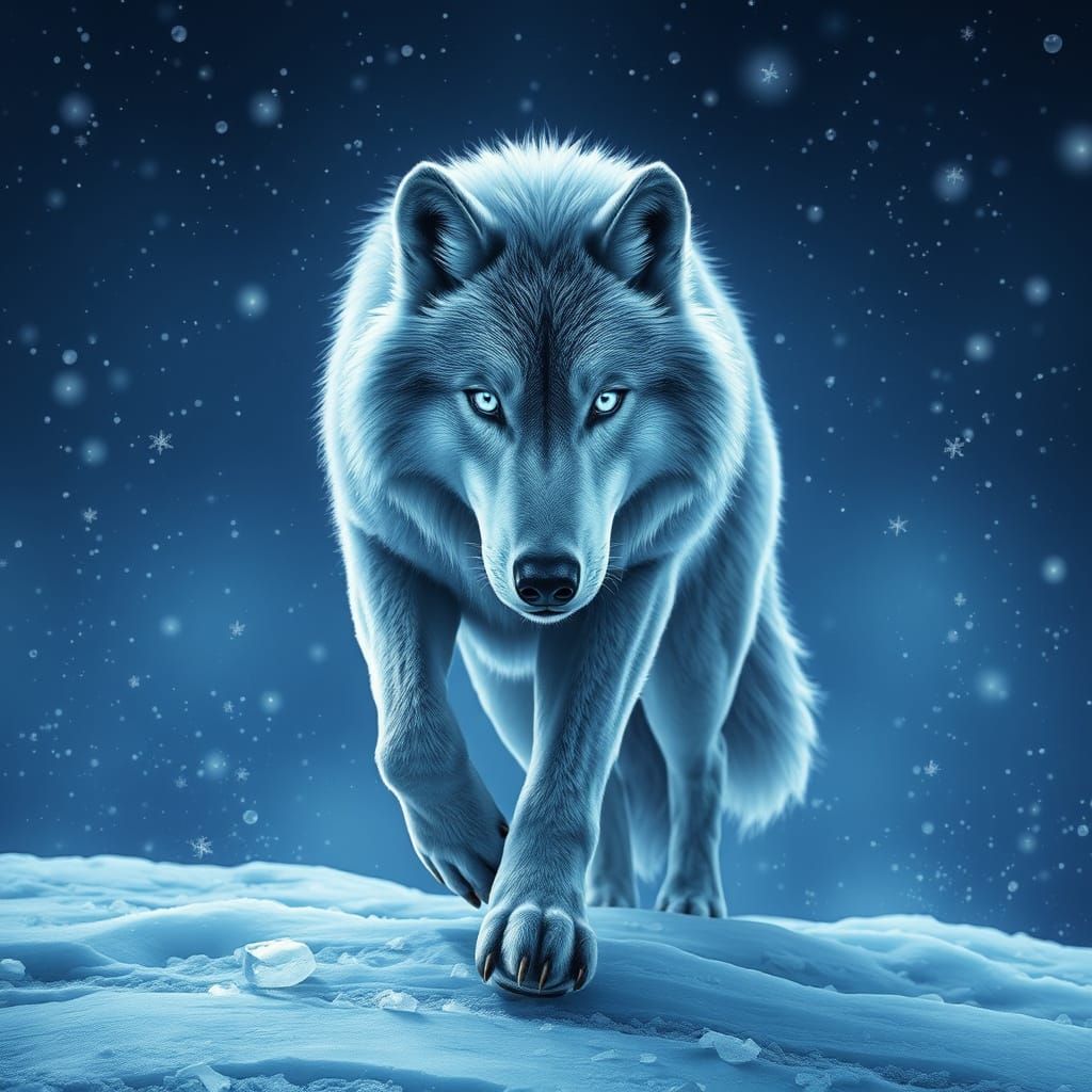 Regal Ice Wolf in a Crystal Landscape
