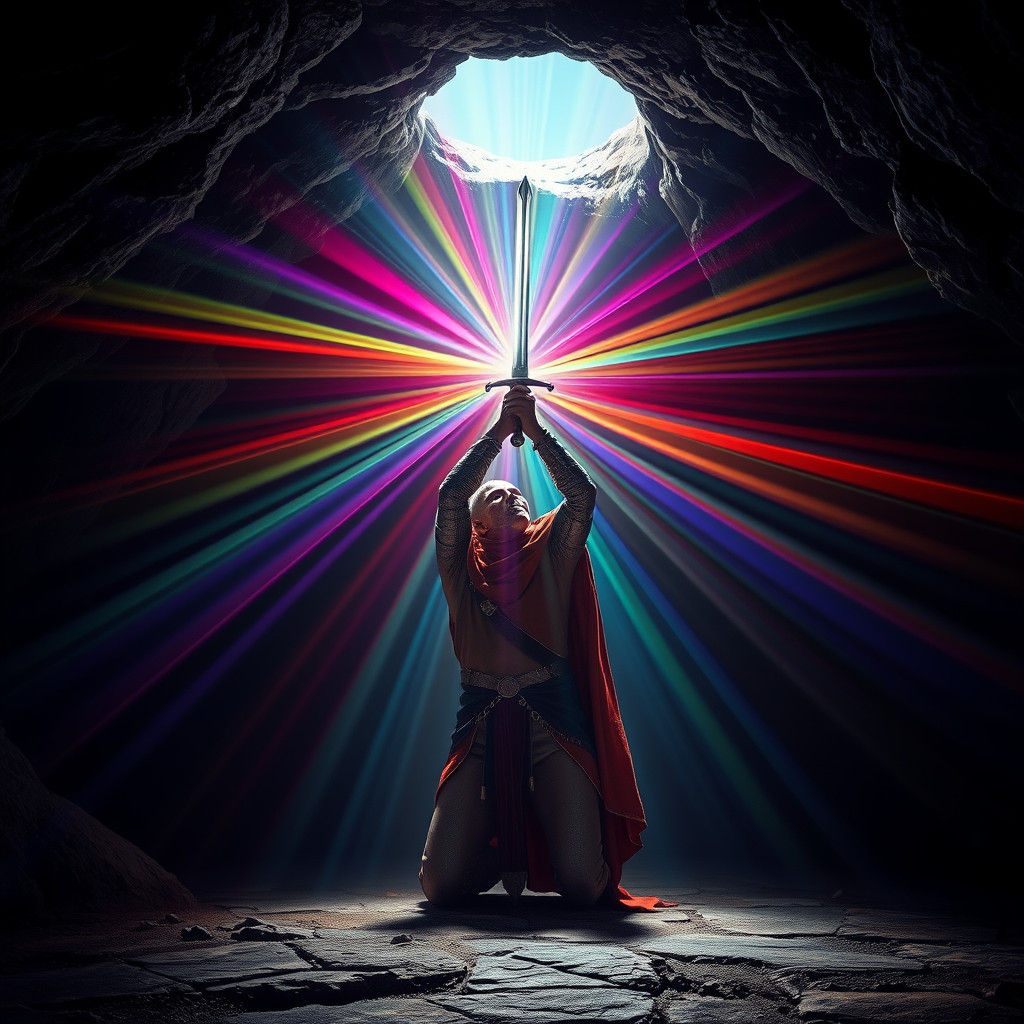 Knight with Sword in Cave of Light Rays