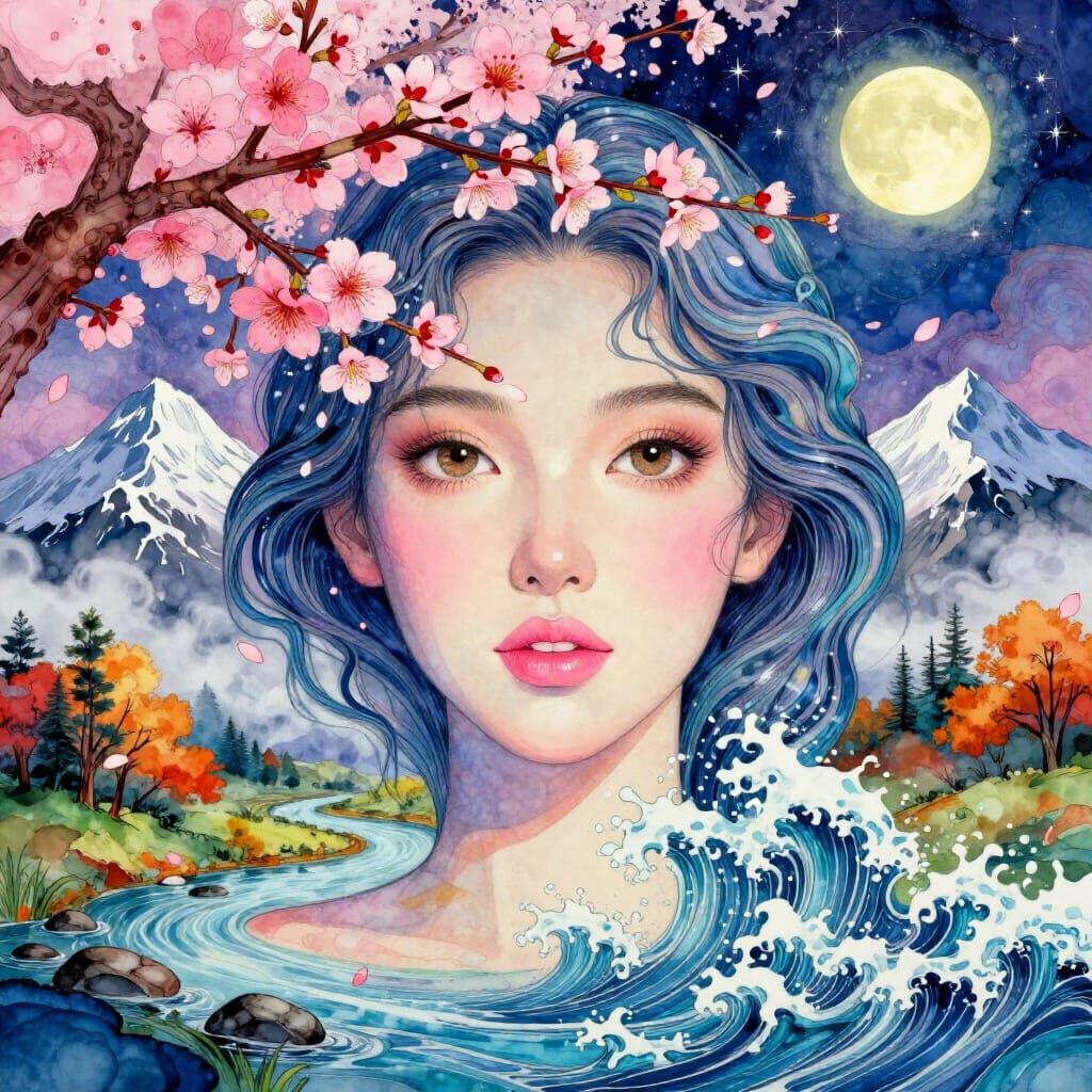 Surreal Woman Blends With Vibrant Landscape in Alcohol Ink S...