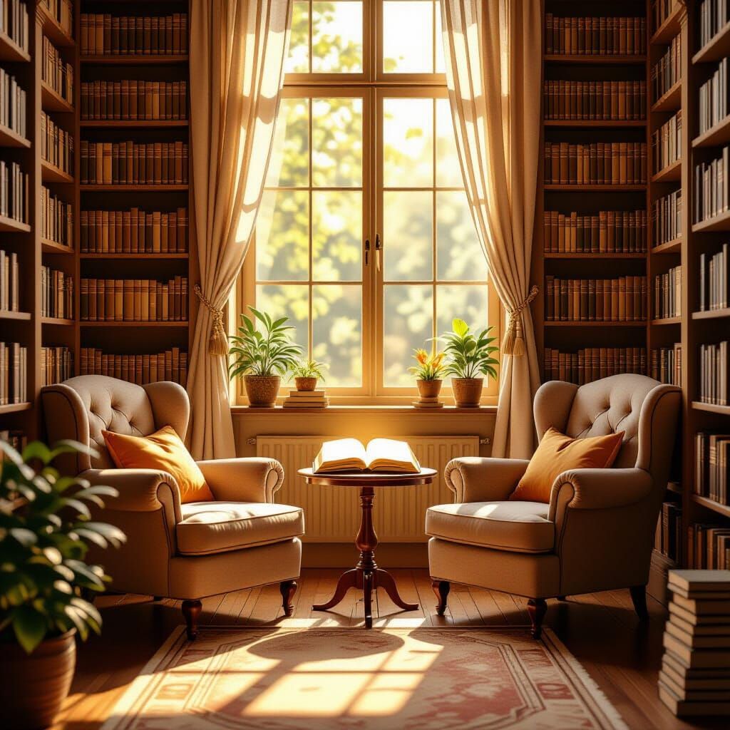 Cozy Sun-Drenched Library Corner with Glowing Book