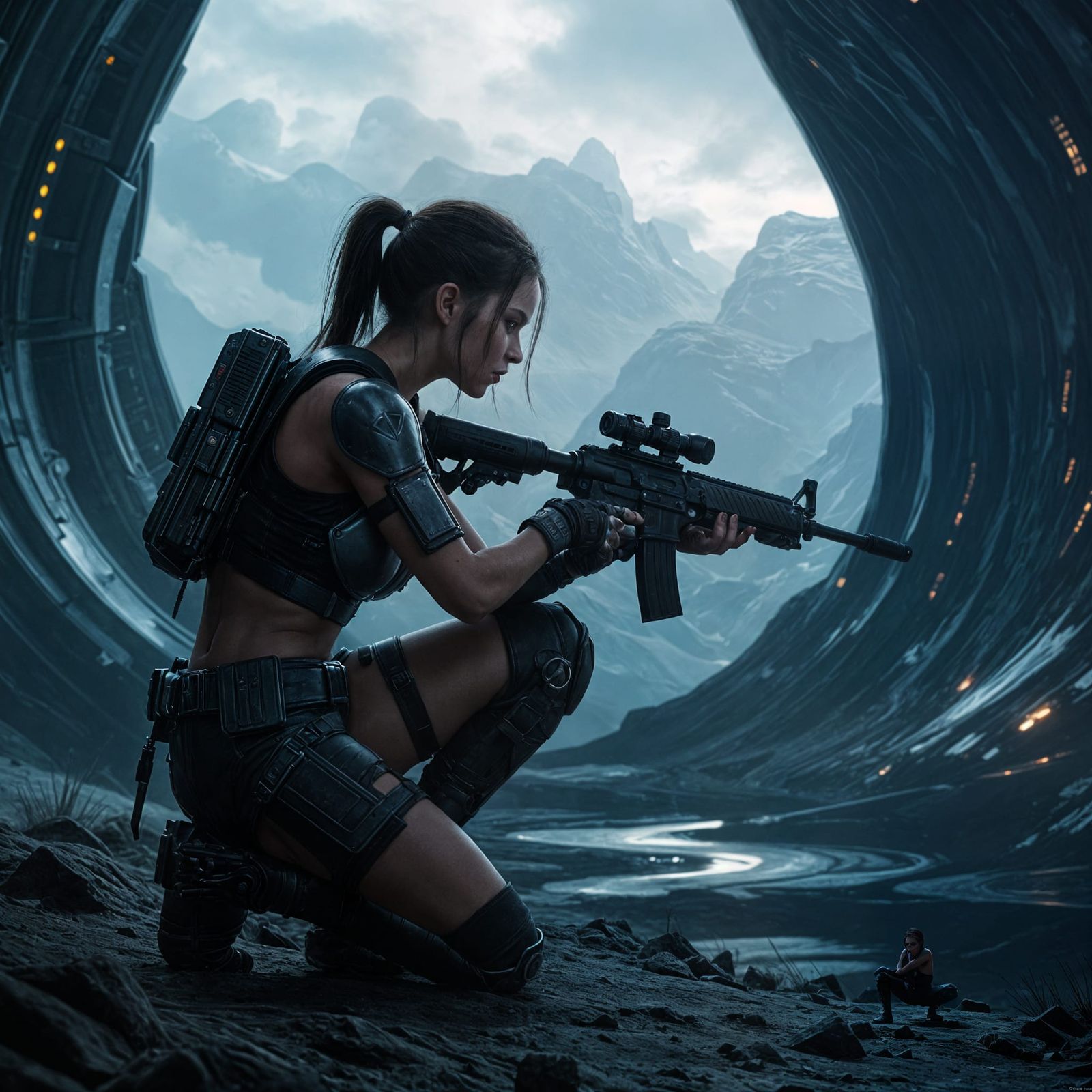 Female Explorer Vigilant at Alien Cavern Entrance