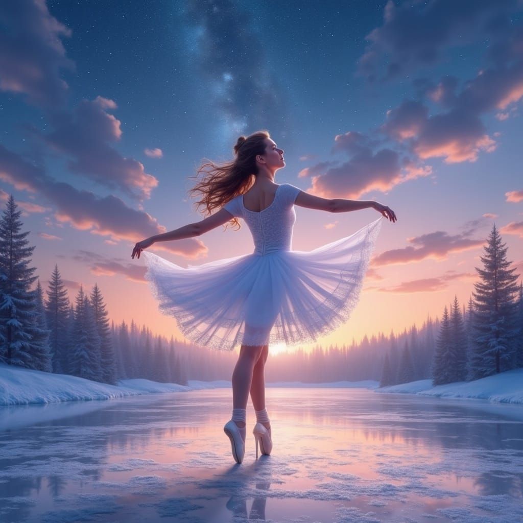 Ballet Dancer on Frozen Lake: Anime-Inspired 3D Art