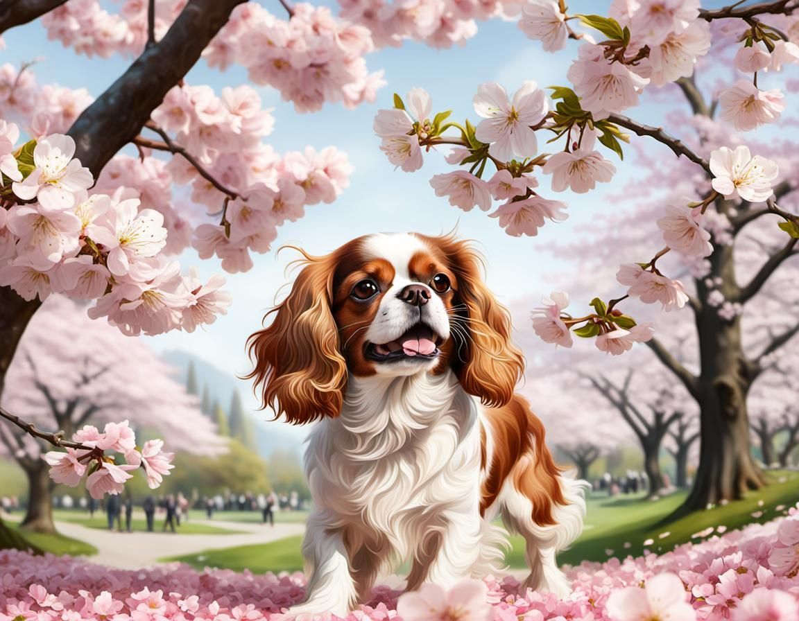 Cavalier King Charles Spaniel in Cherry Blossom Park