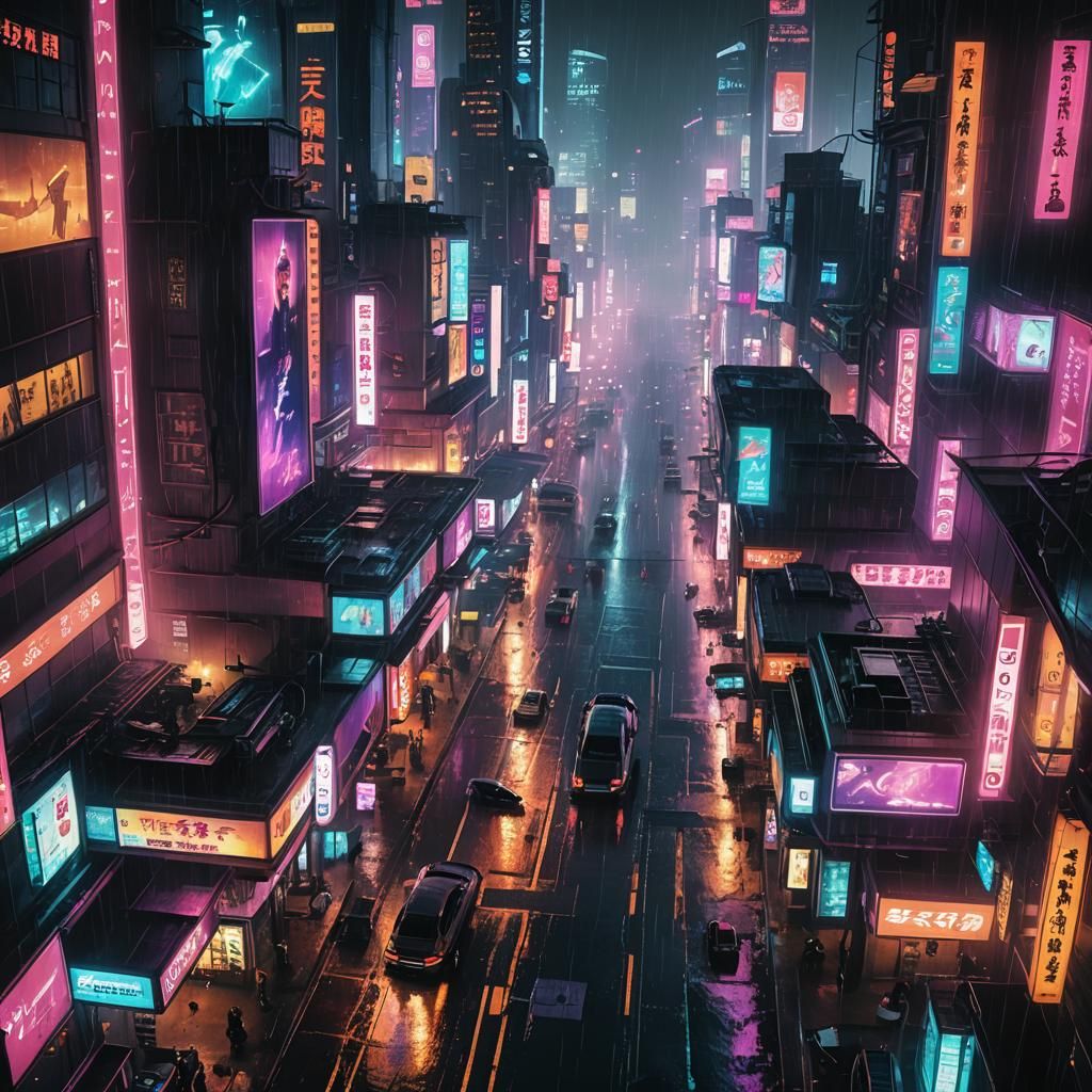 Cyberpunk Cityscape with Neon Lights and Flying Vehicles