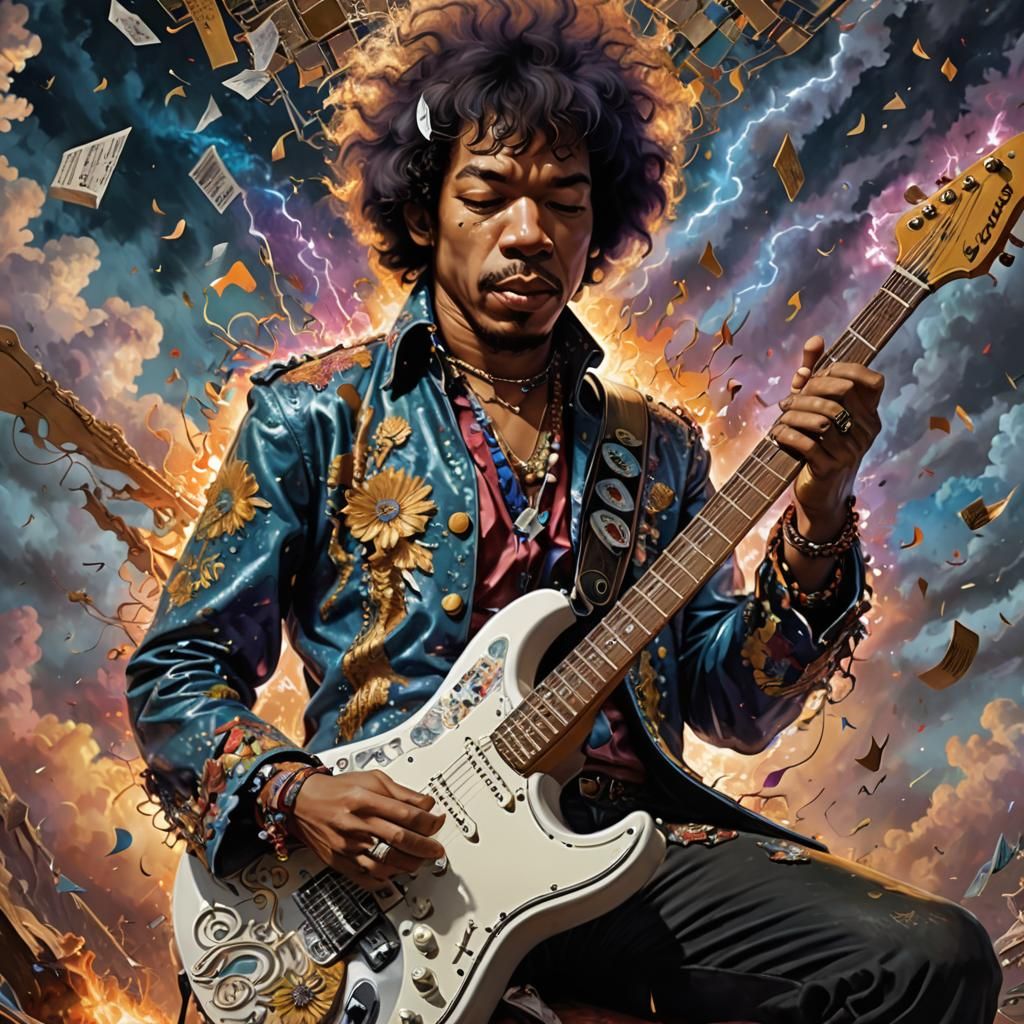 Psychedelic Jimi Hendrix Portrait with 3D Musical Notes