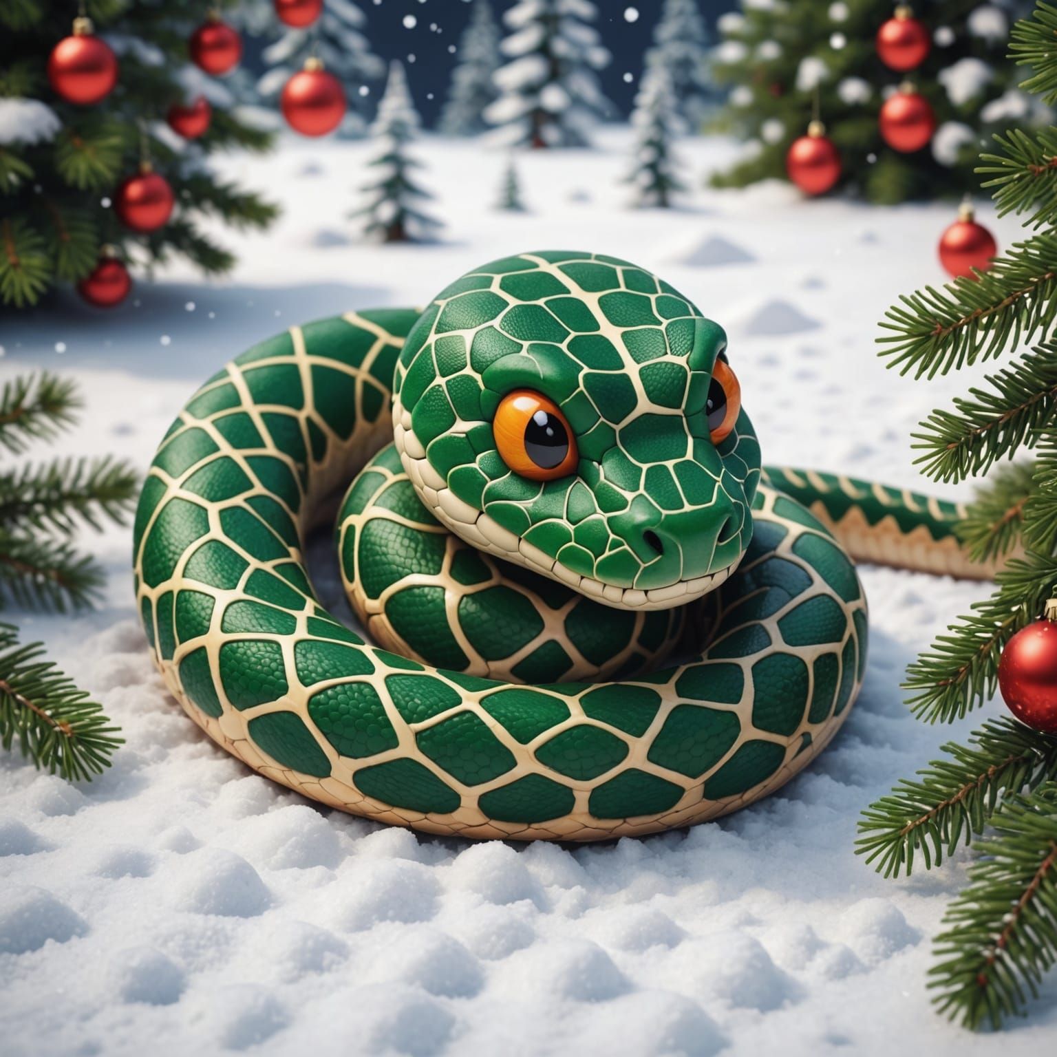 Cute 3D Snake Mascot in Winter Scene