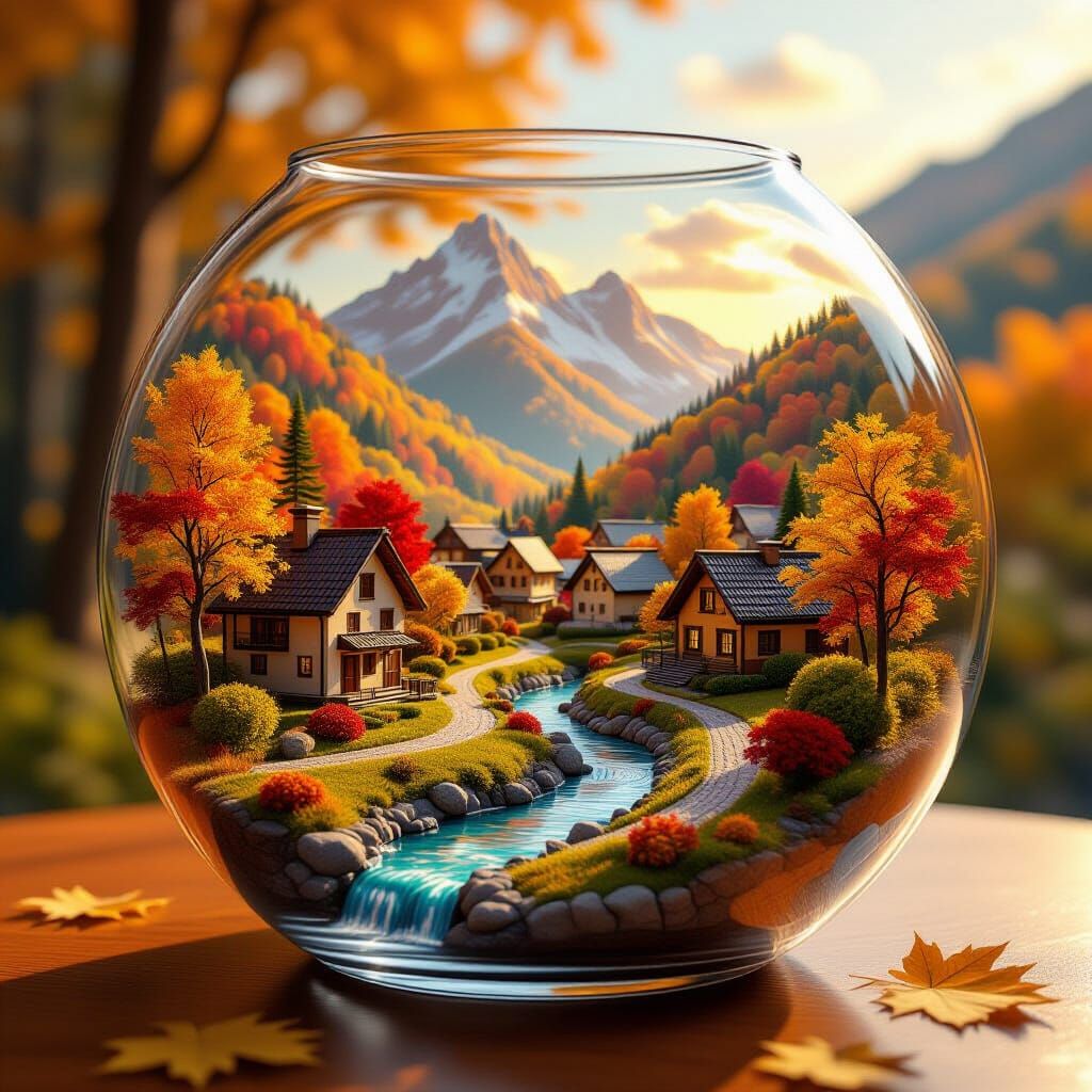 Autumn Mountain Village Diorama in a Glass