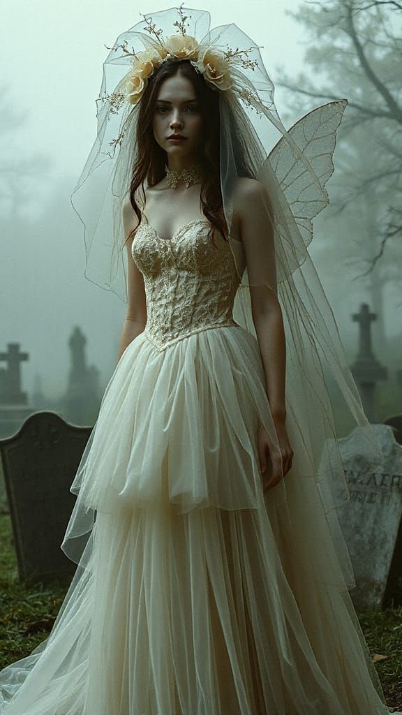 Ethereal Fairy Bride in Graveyard, Dark Surrealist Art