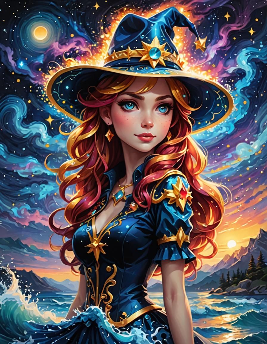Sunset Shimmer with Magic Hat in Starry Night