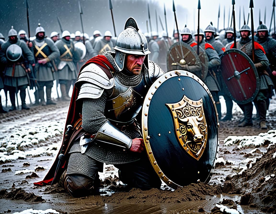 Battle-Weary Soldier with Boar Shield in Snow