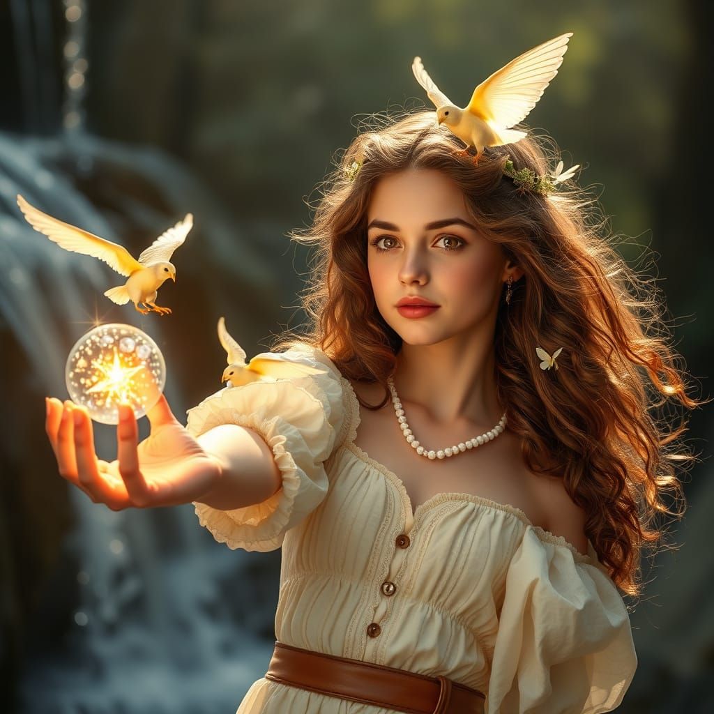 Angelical Young Mage of Light with Flowing White Robes and L...