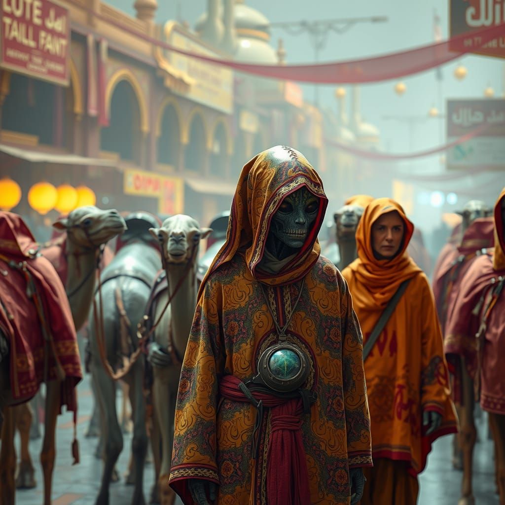 Alien Silk Road Market in Cyberpunk Style