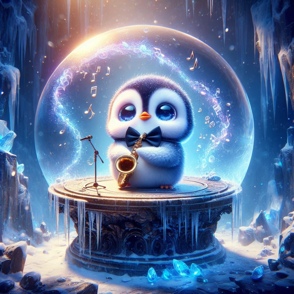 Penguin Saxophonist on Ice Stage: Fantasy Concept Art
