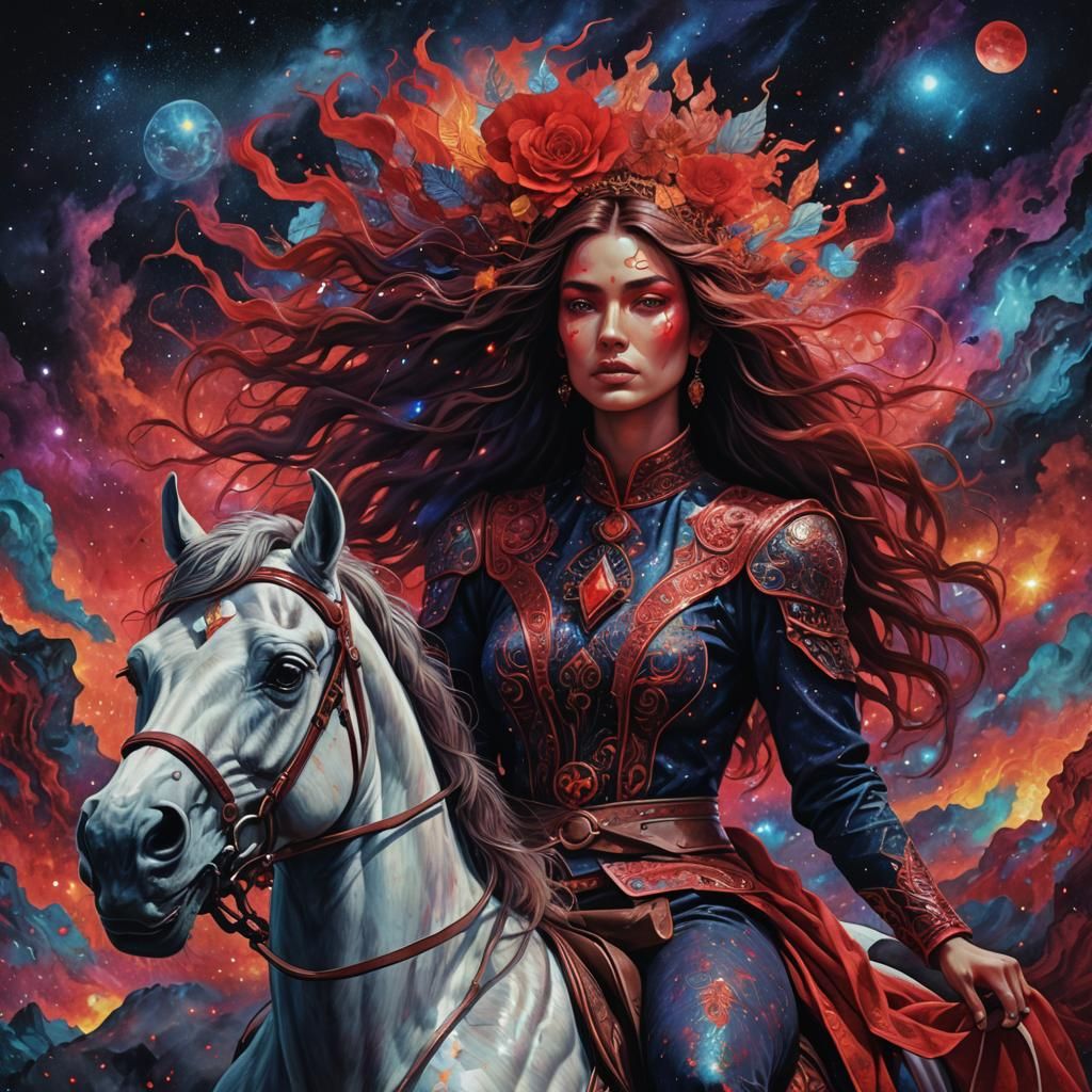 Woman on Horse in Holographic Astral Cosmic Style