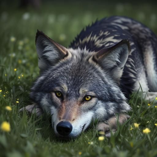 Wolf Portrait in Green Grass, Wildlife Photography