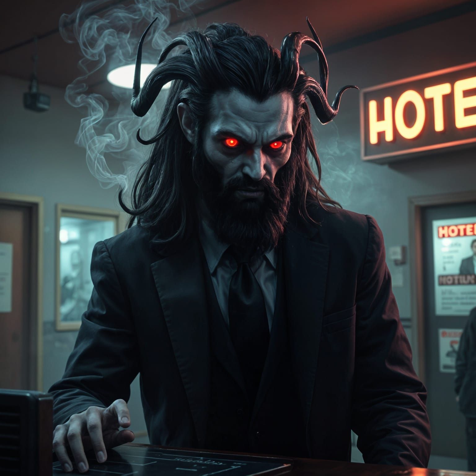 Hades as Nightshift Motel Receptionist: Photorealistic Portr...