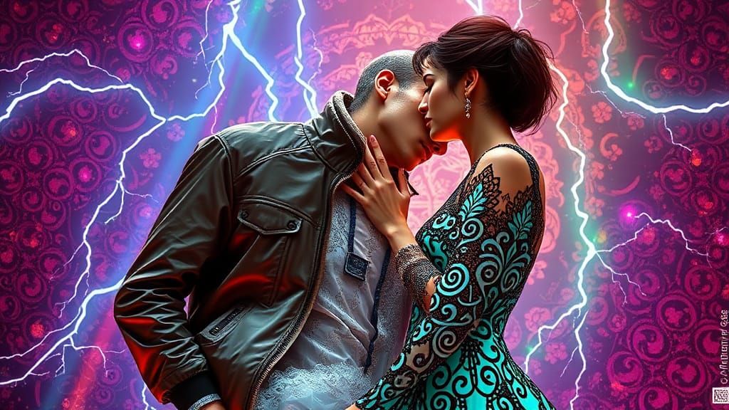 Cyberpunk Couple Kissing with Intricate Celtic Swirls