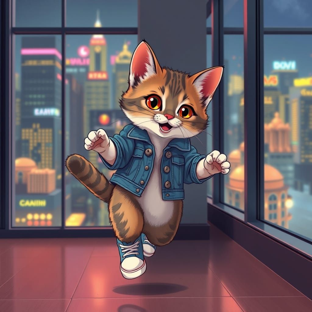 Dancing Cat in Retro Anime Style