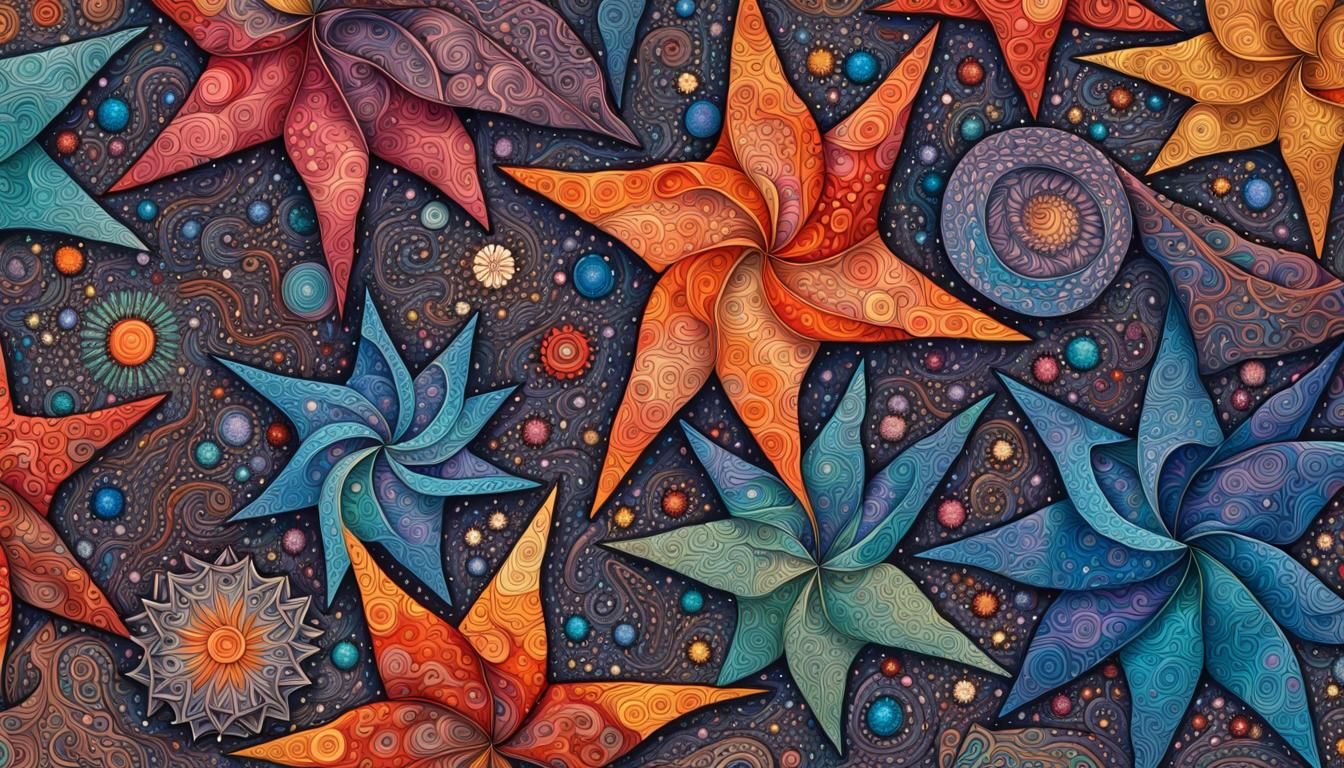 Whimsical Star Pinwheels in Cosmic Zentangle Spiral