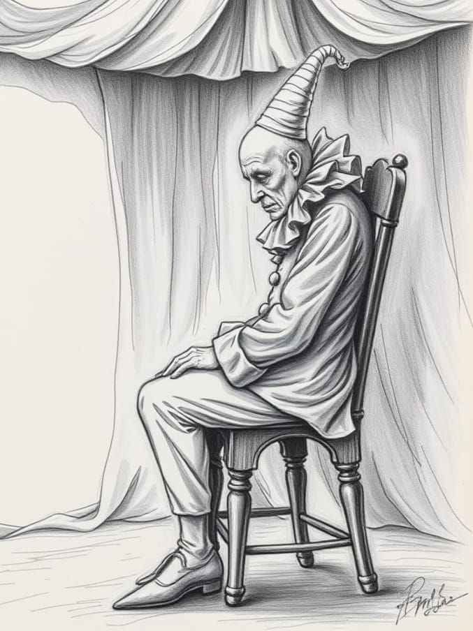 Alphonse Mucha occult pencil drawing of a sad clown