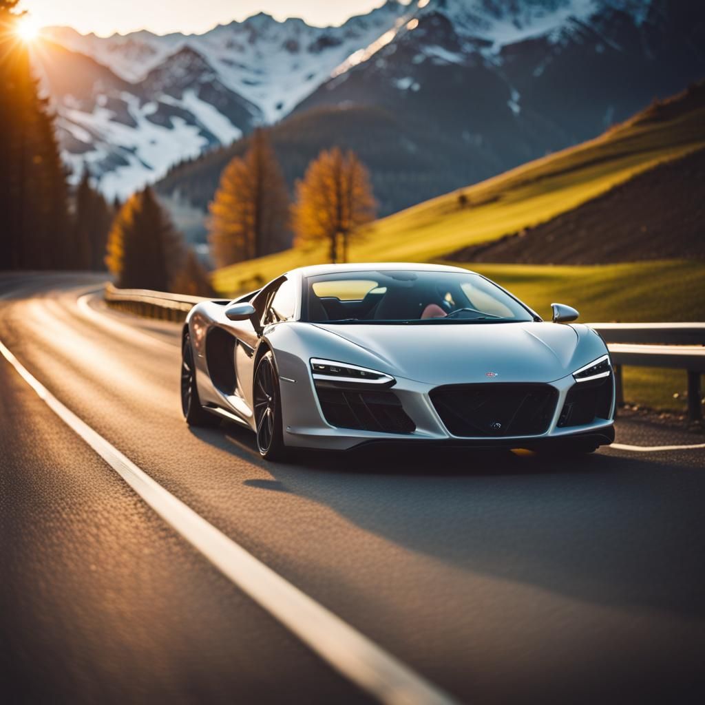 Exotic Car in Swiss Alps at Sunset