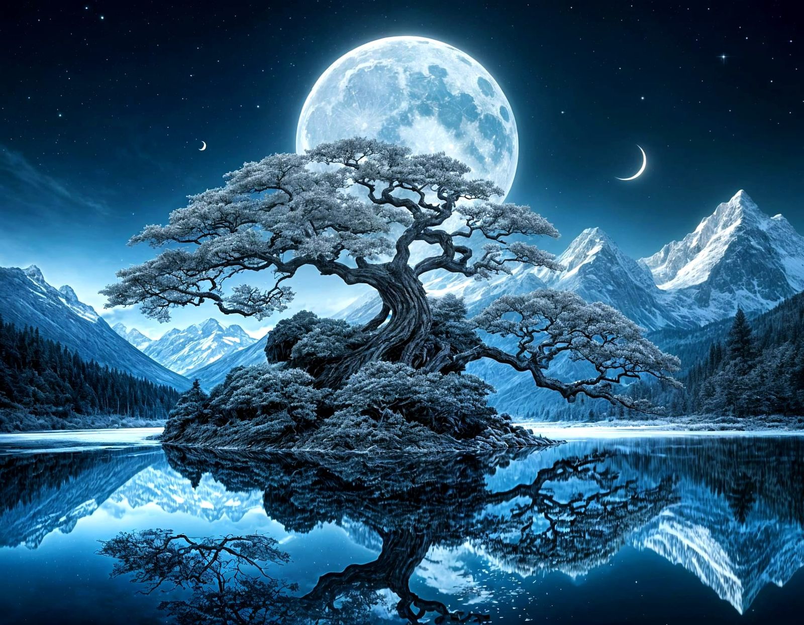 Glowing Silver Moon Goddess Ascends Bonsai Mountain