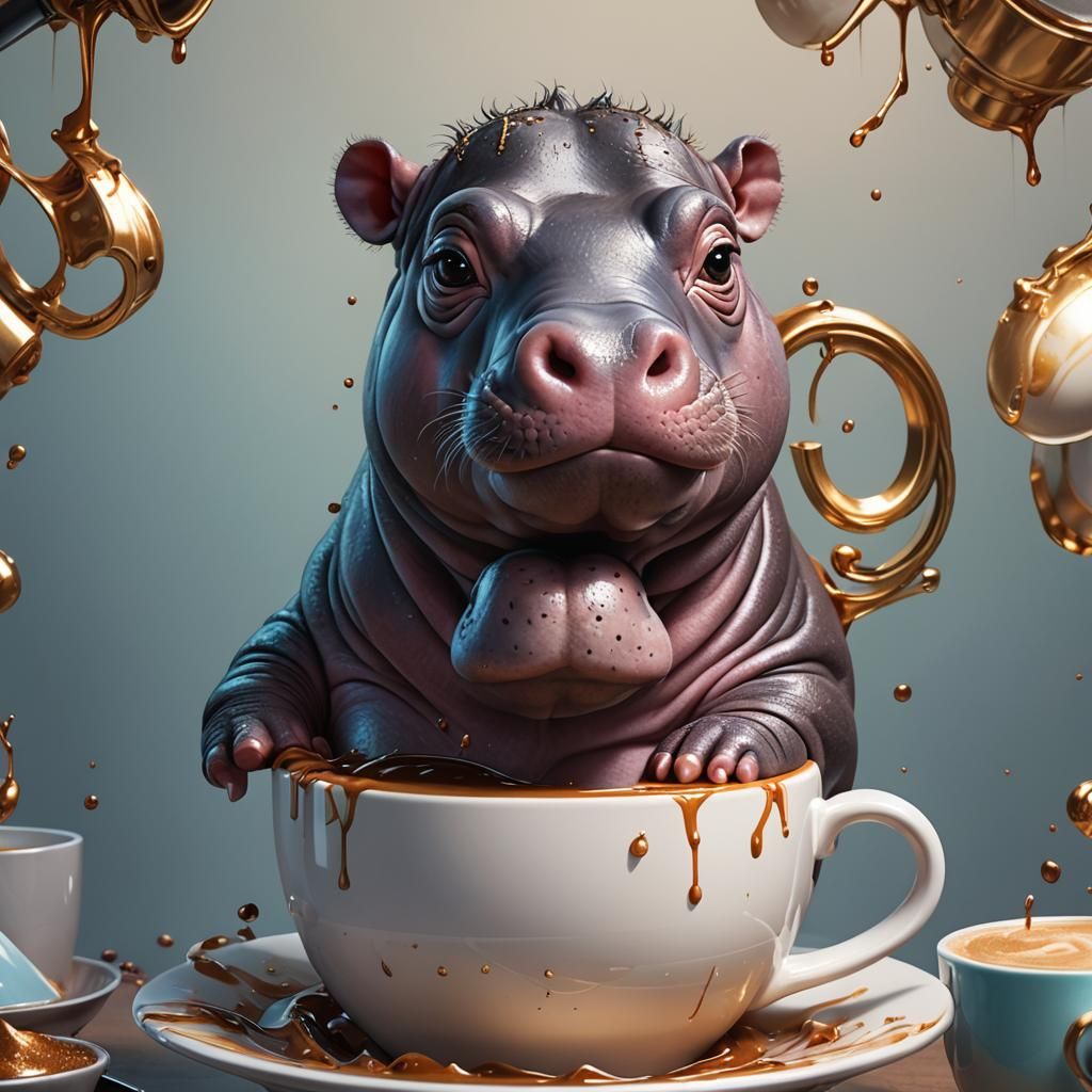Baby Hippo Portrait in Coffee Cup, Splash Art