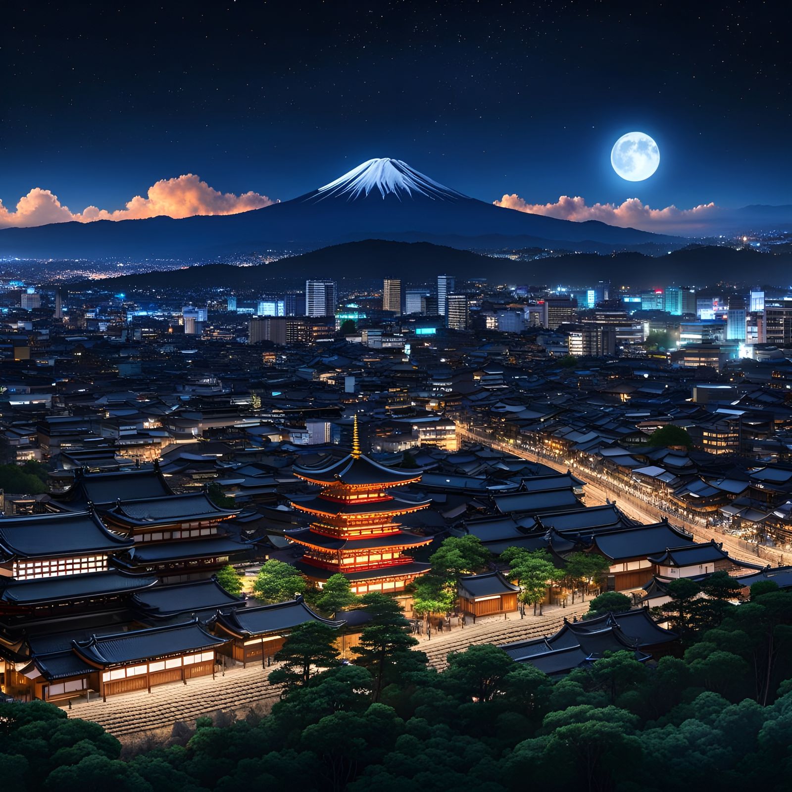 Futuristic Kyoto in Ghibli Style, Night Scene