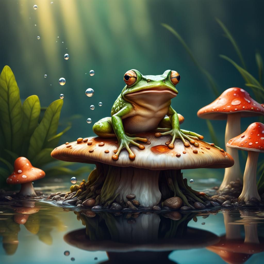 Hyperrealistic Frog Fishing on Mushroom