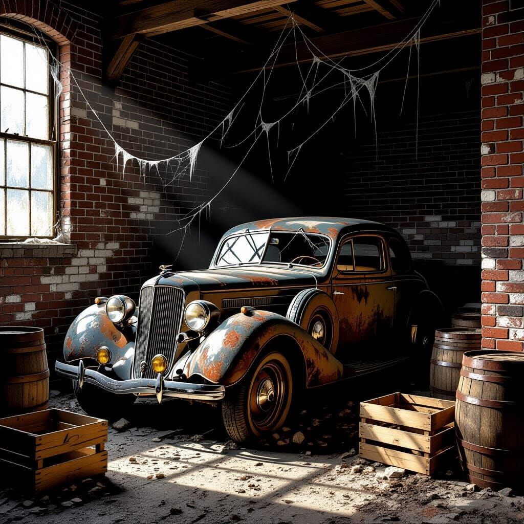 Vintage Car in Abandoned Garage Digital Painting