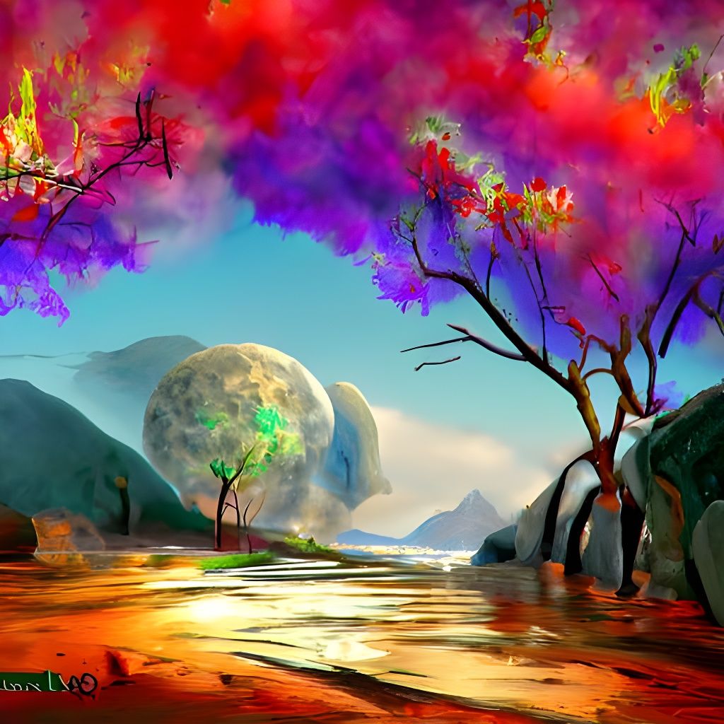 Vibrant Digital Landscape Painting in Mixed Media Style