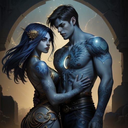 Teen Couple with Glowing Tattoos in Ancient Ruins