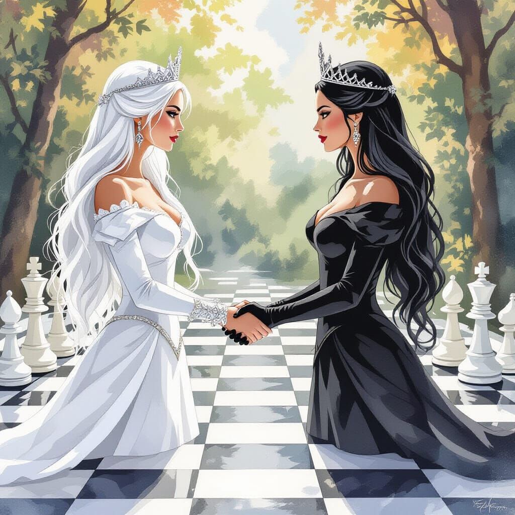 Two Queens Battle on Giant Chessboard, Watercolor Notes