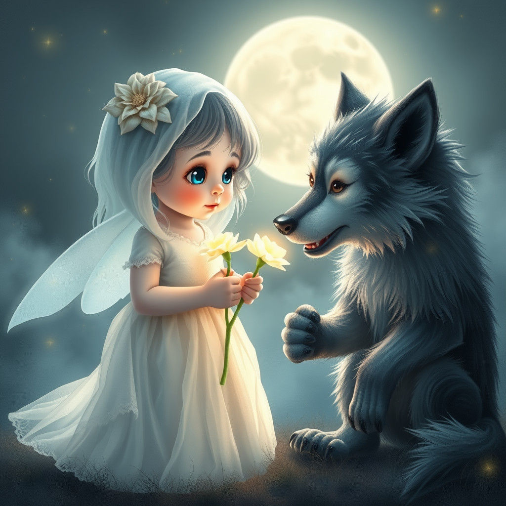 Ethereal Toddler Ghost Offers Flowers to Werewolf Pup