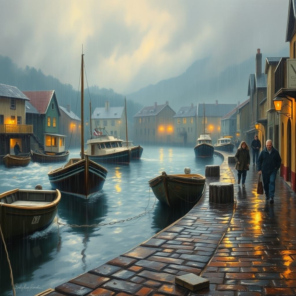 Fishing Village in Stormy Weather, Oil Painting Style