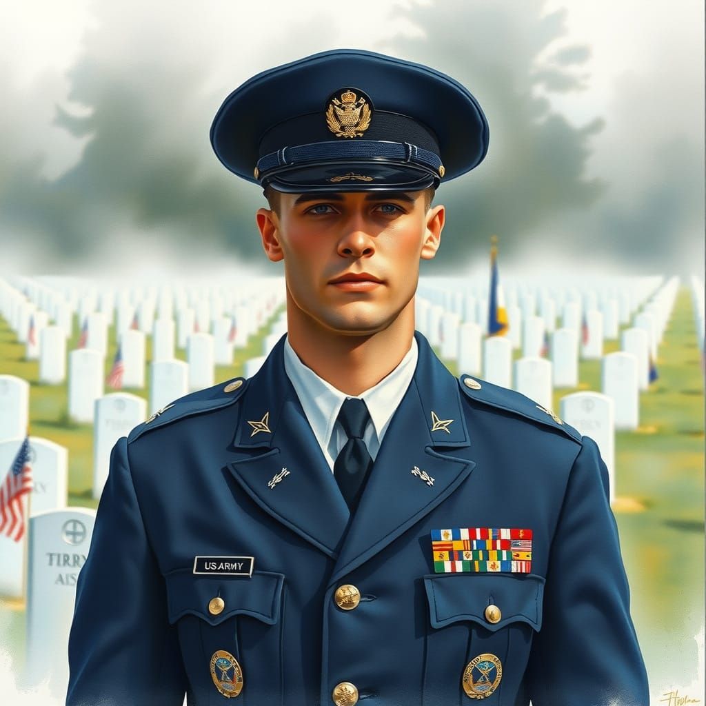 Solemn Soldier in Cemetery: Watercolor Impression