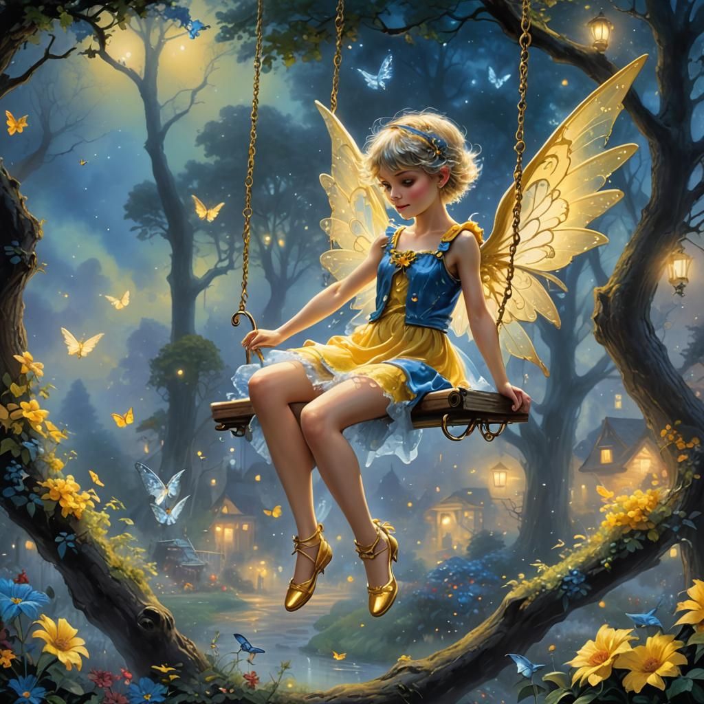 Blue and Yellow Pixie on Swing Set at Night