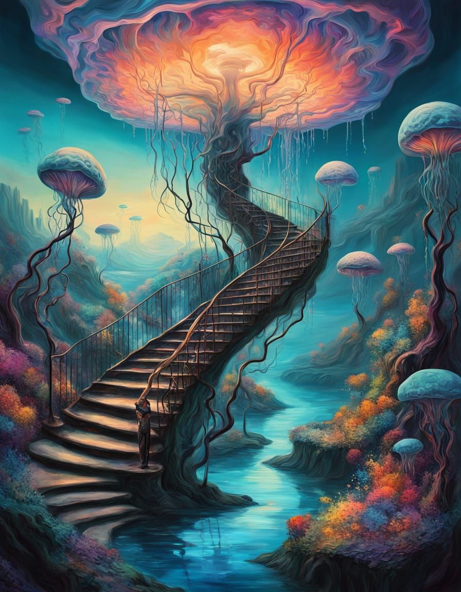 Surrealist Dreamscape with Elongated Figure and Floating Isl...