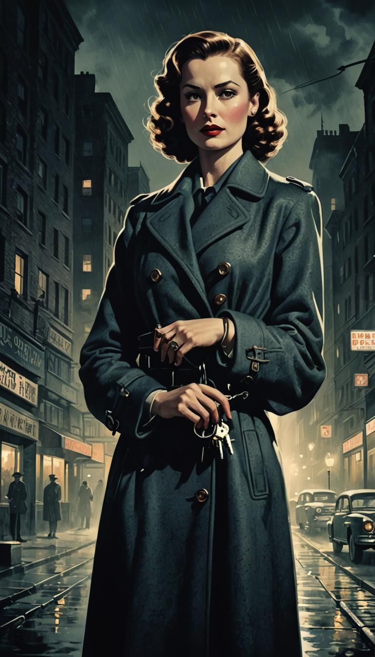 Film Noir Woman with Keys in 1940s Retro Illustration
