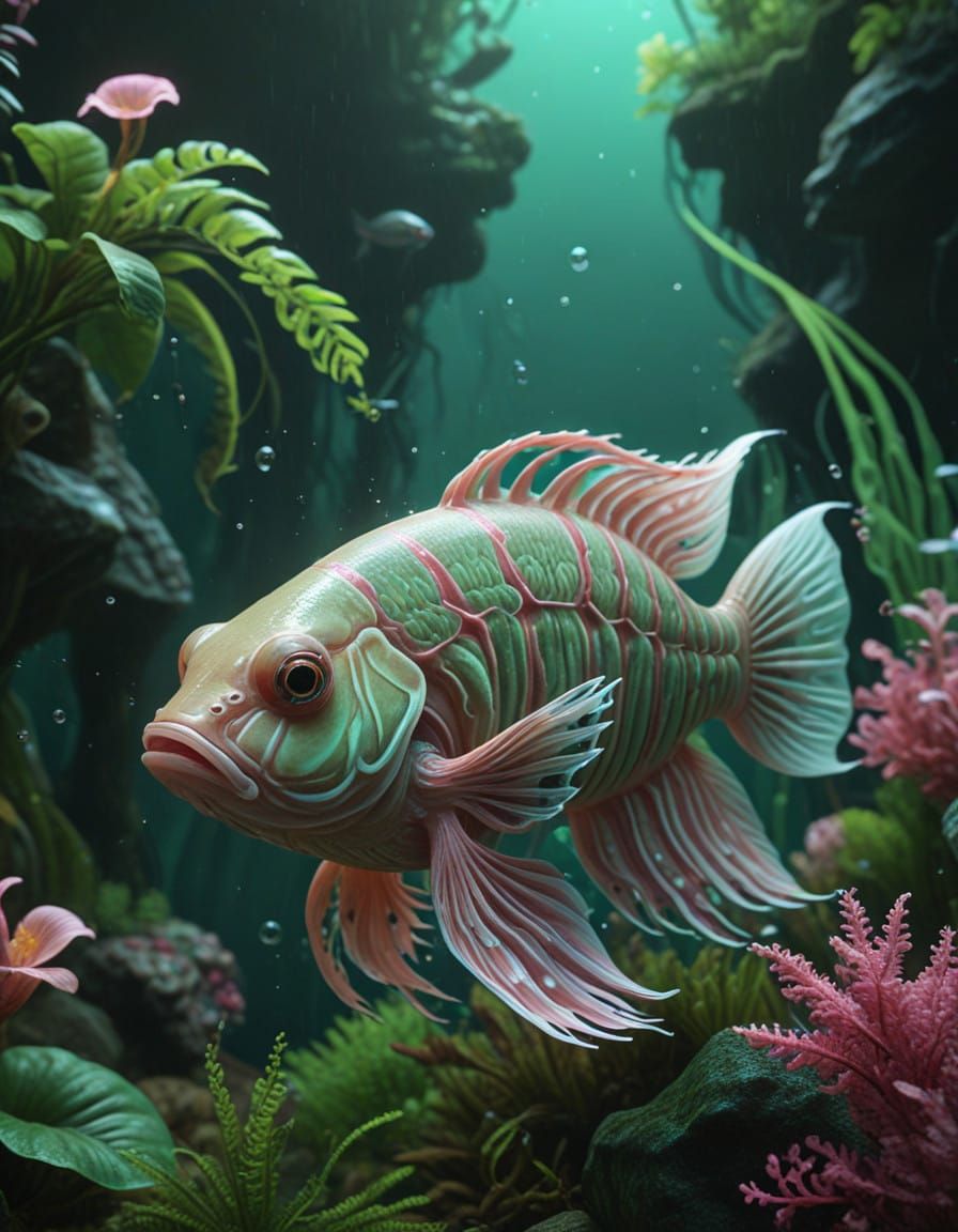 Ethereal Beige Planet with Squid and Arowana