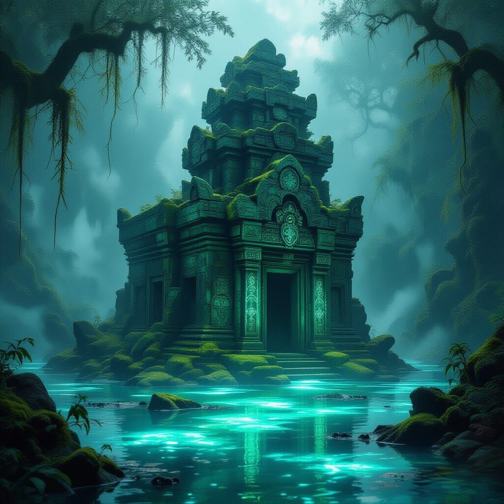 Bioluminescent Swamp Temple in Dark Fantasy Style