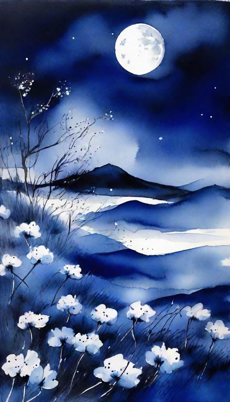 Ink Painting of Wind, Flowers, Snow, Moon